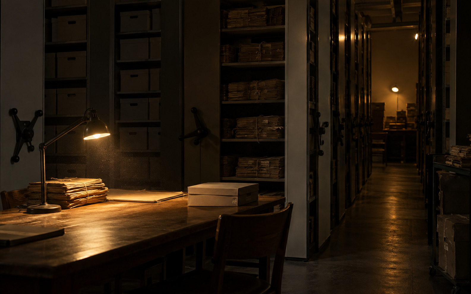 Des rayonnages d’archives dans la pénombre