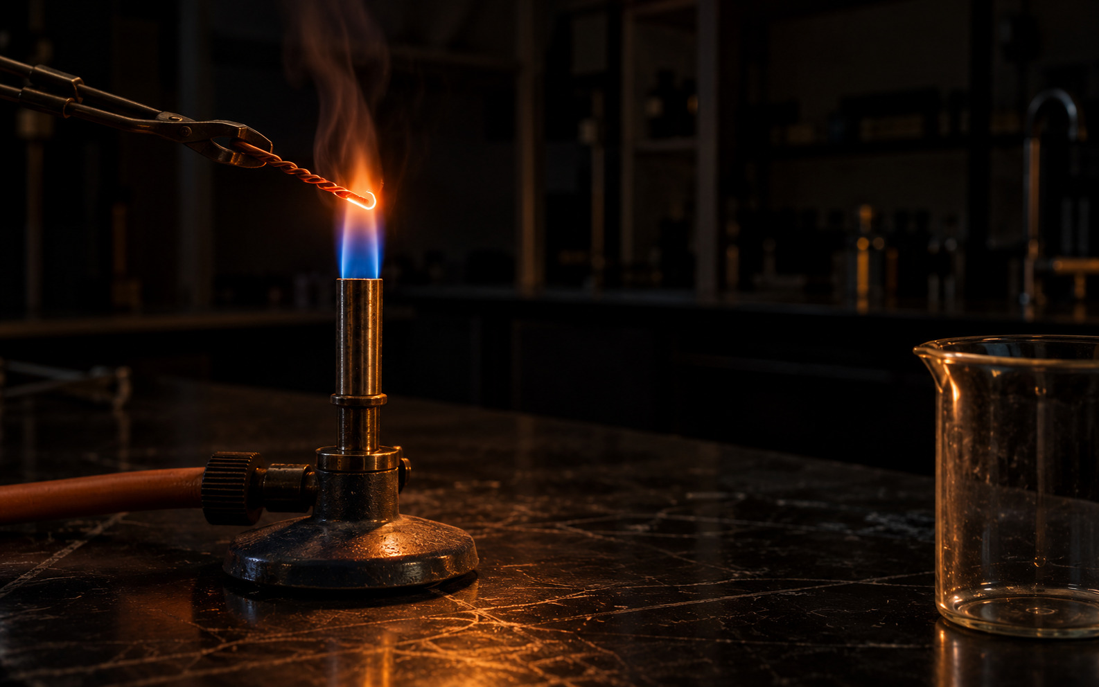 Une flamme basse sur une paillasse de laboratoire, dans le noir