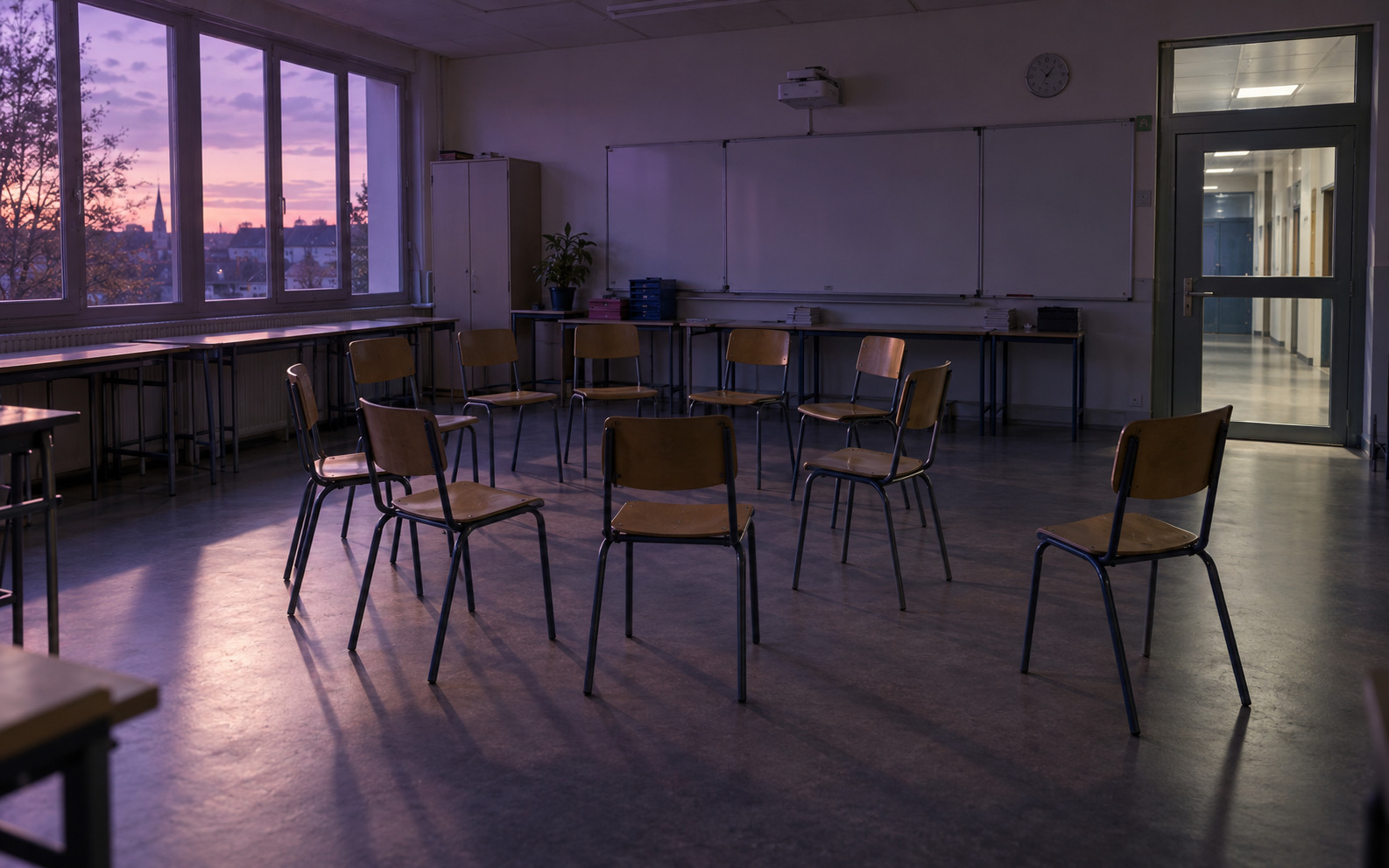 Un cercle de chaises vides dans une salle de classe en fin de journée