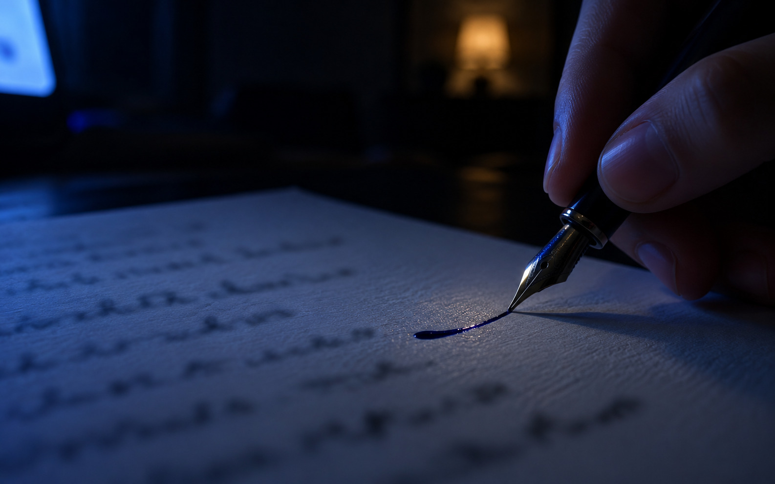Une plume au bout d’un trait d’encre encore humide, la nuit
