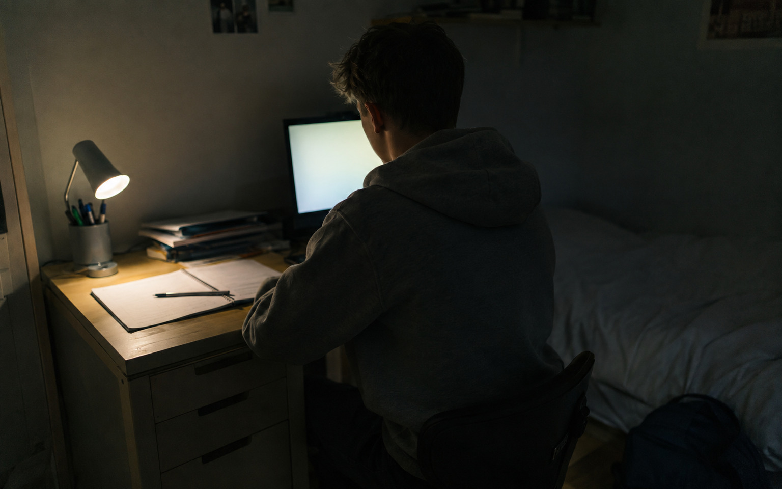 Maël devant son écran la nuit
