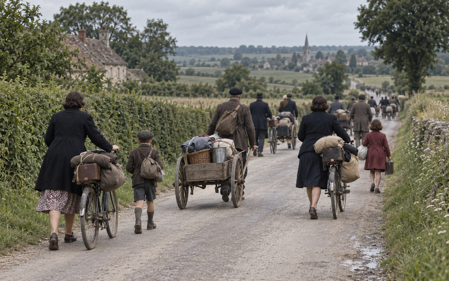 Longue file de civils fuyant à pied et en charrettes sur une route de campagne, valises et matelas entassés