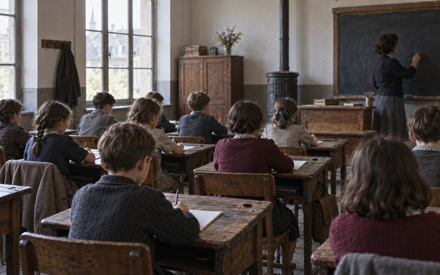 Un instituteur devant une classe d'élèves attentifs dans une salle d'après-guerre